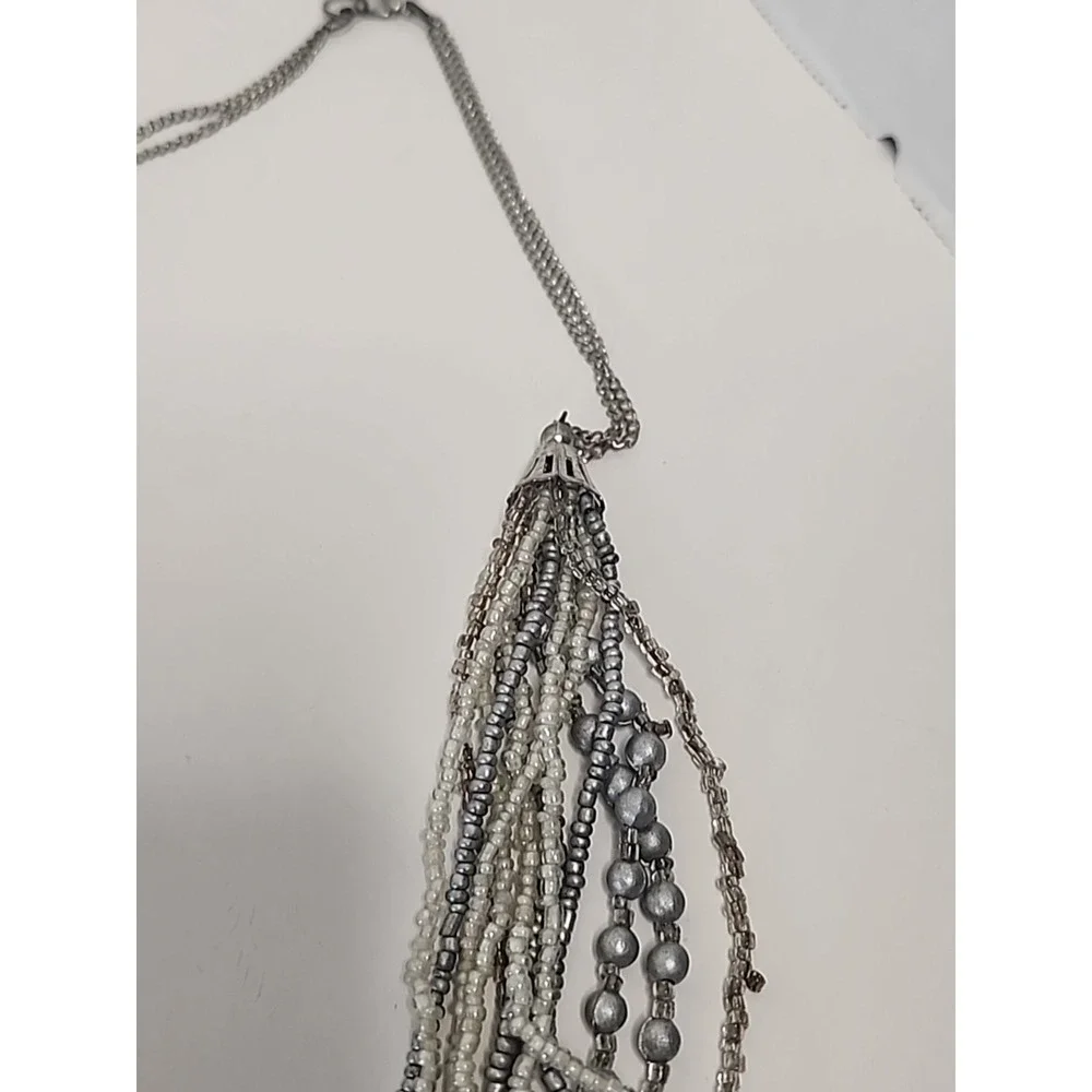 Mutli-Strand Layered Bib Necklace Silver Tones‎ W/ Glass Seed Beads 30